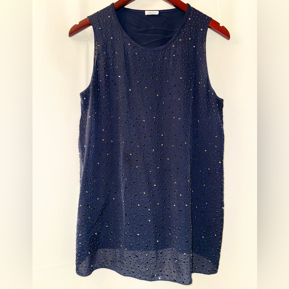 NWOT L'AGENCE Navy Embellished Crystal Silk Tank Top